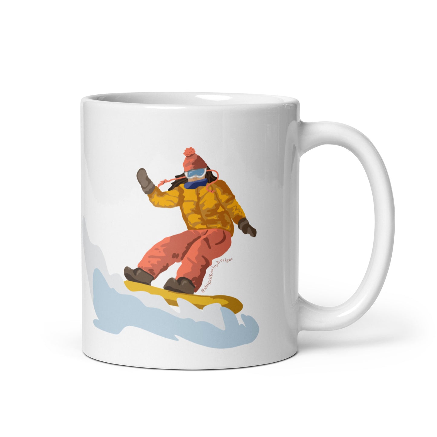 Tan and Brunette Snowboarder White glossy mug