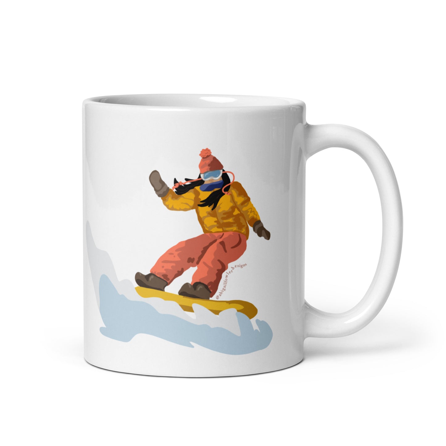 Tan and Brunette Long Hair Snowboarder White glossy mug