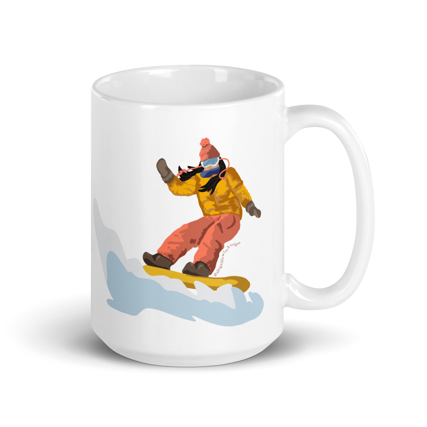 Tan and Brunette Long Hair Snowboarder White glossy mug