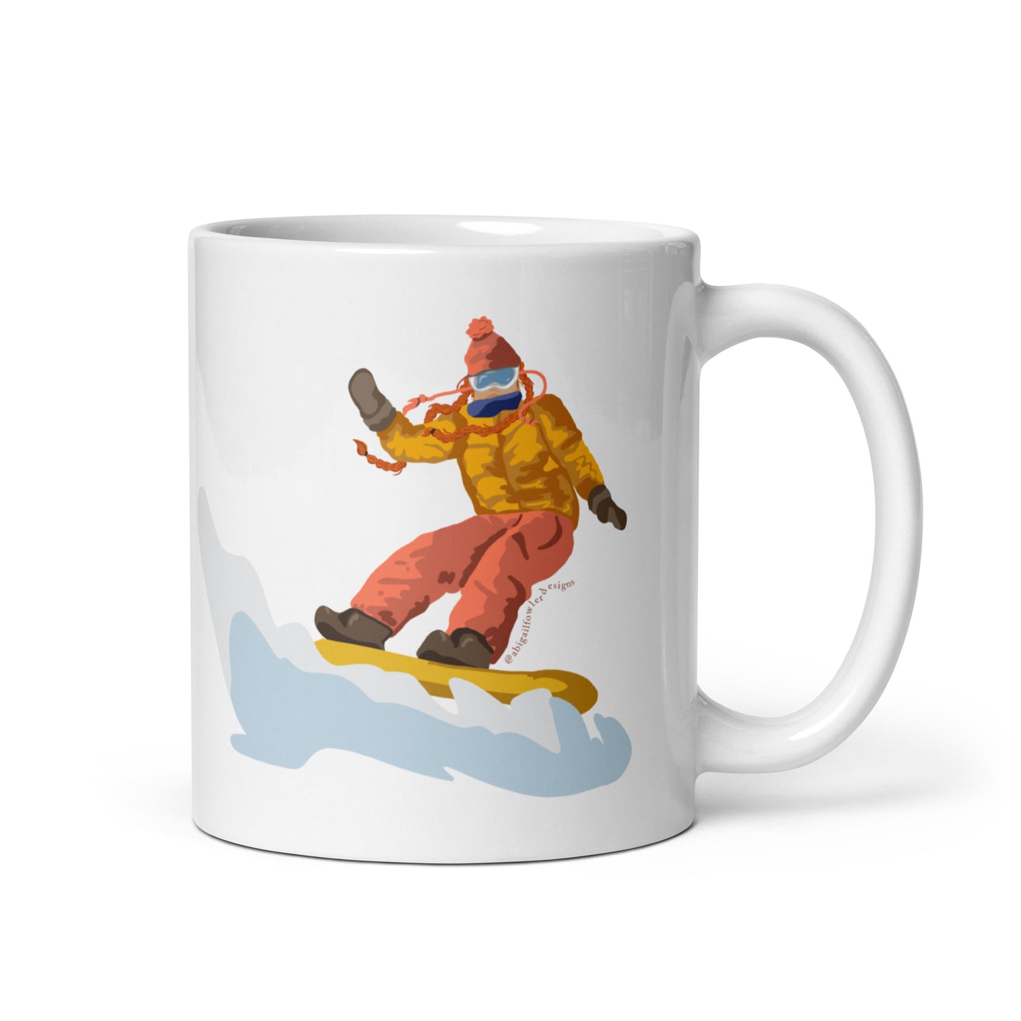 Tan and Red Head in Braids Snowboarder White glossy mug