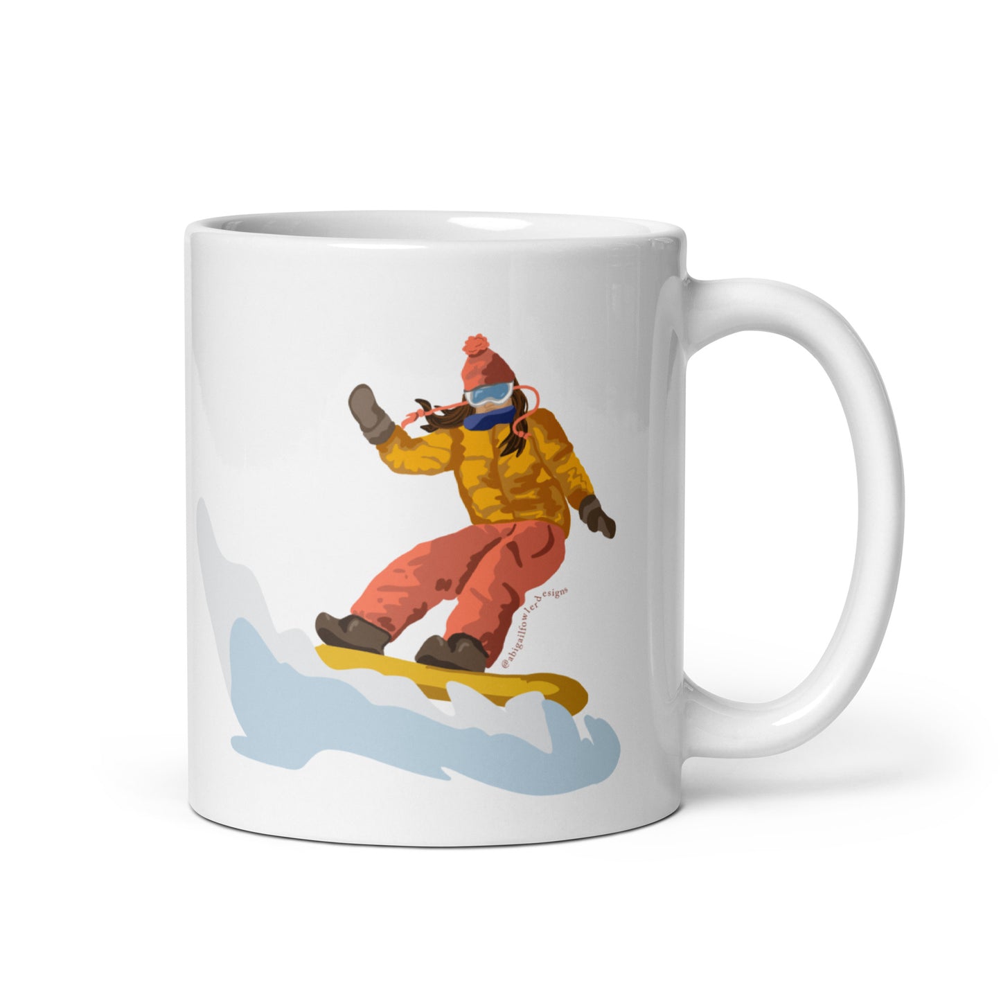Tan and Brunette Icy Snowboarder White glossy mug