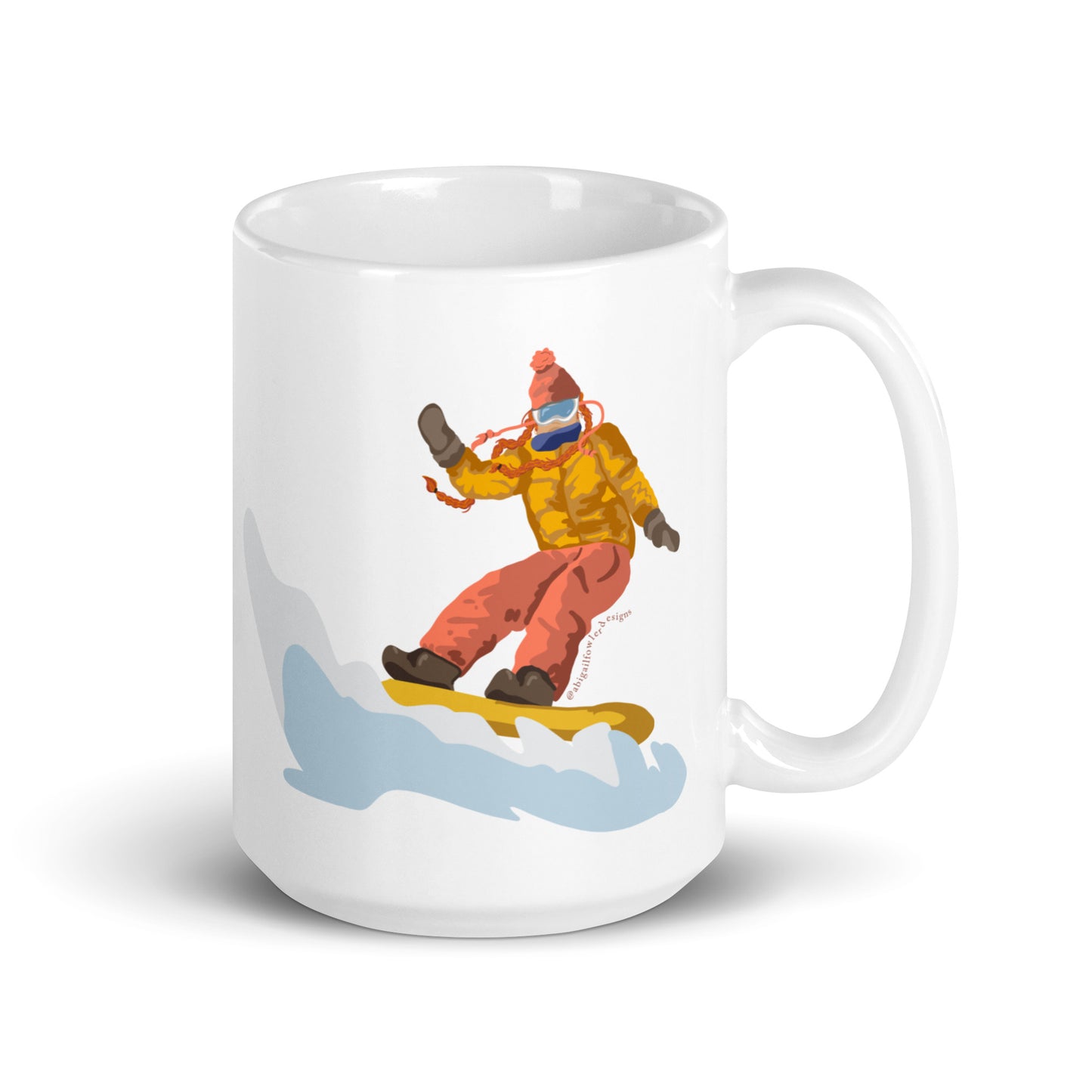 Tan and Red Head in Braids Snowboarder White glossy mug