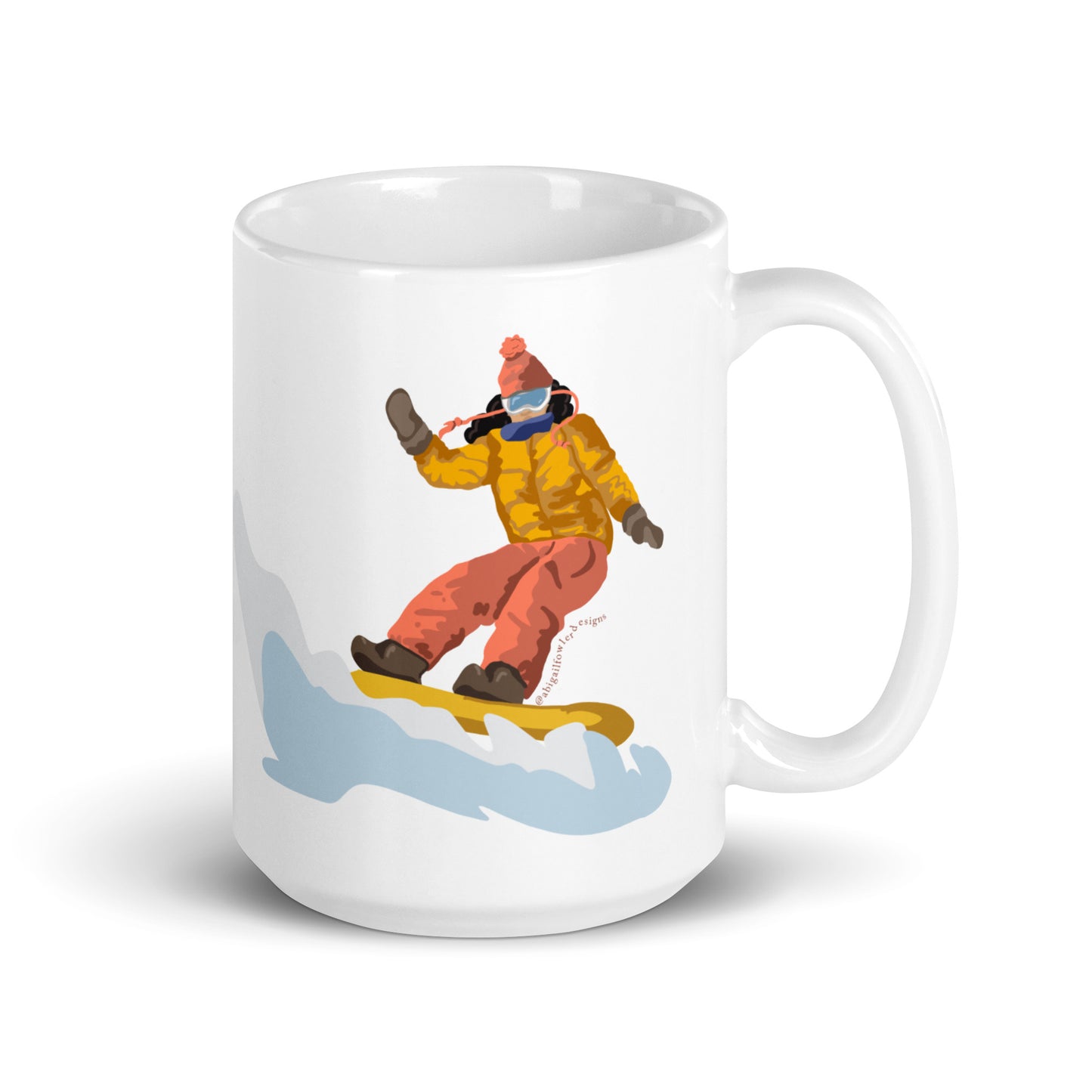 Tan and Curly Brunette Snowboarder White glossy mug